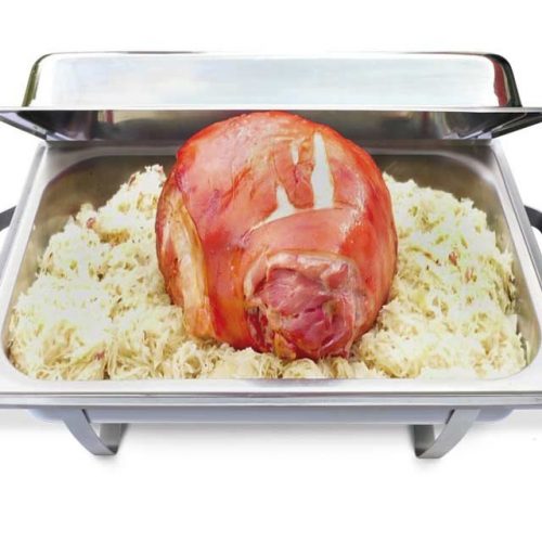 Spanferkelkeule am Stück mit Brötchenkorb